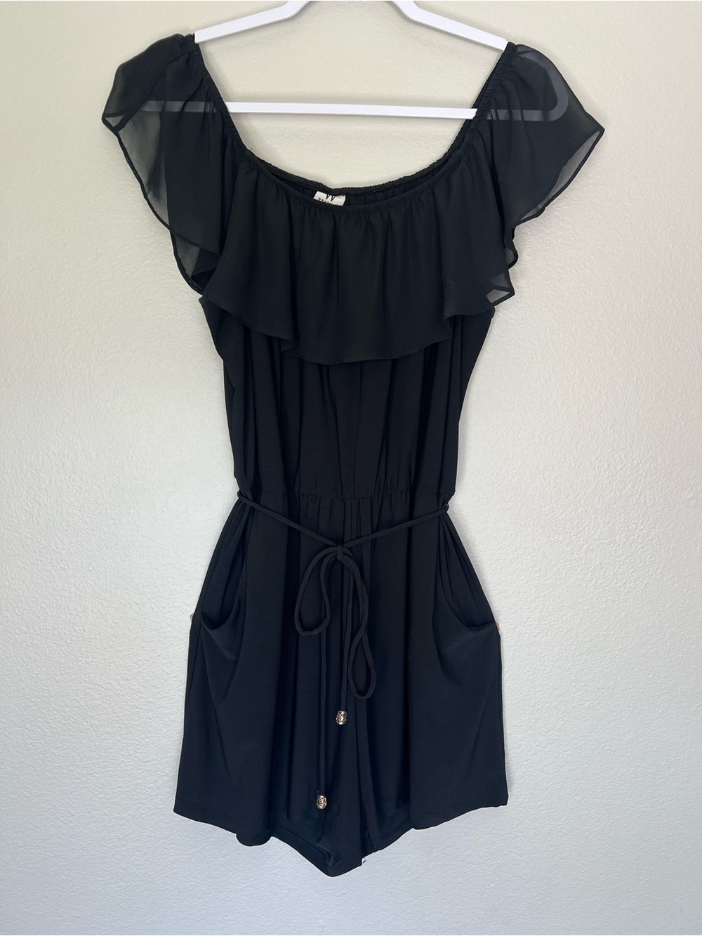 Wrapper Black Off-Shoulder Ruffle Romper - Picture 3 of 6